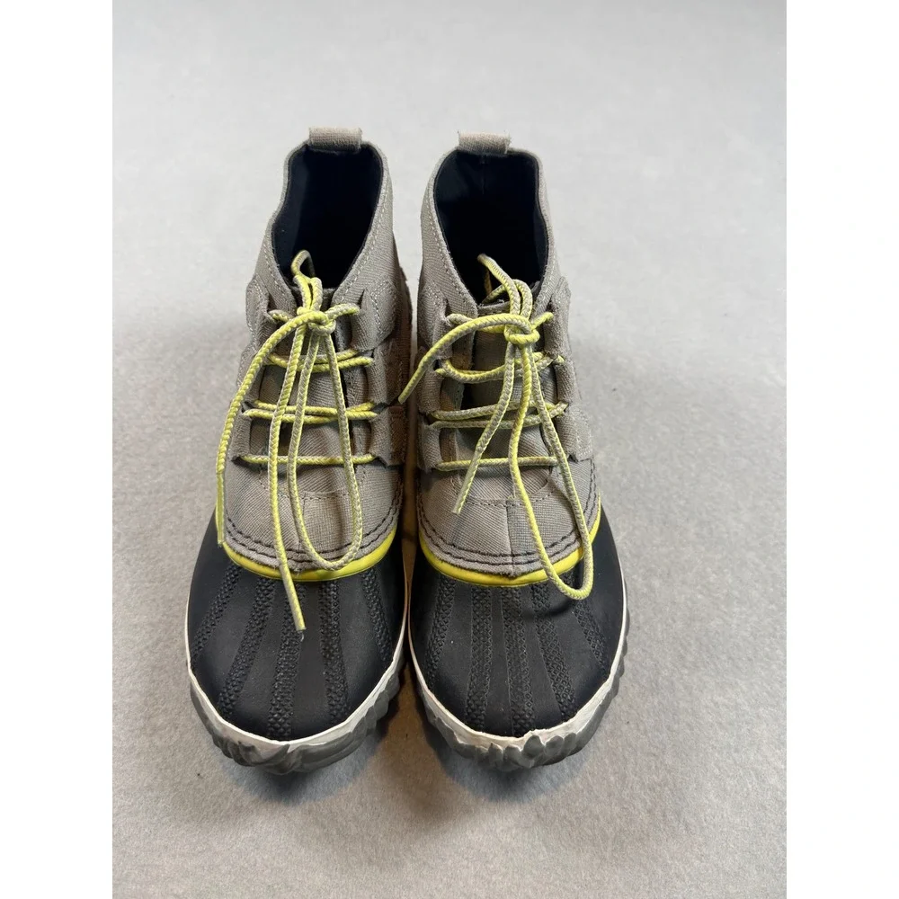 Sorel Out N About Rain Boots Grey Black Yellow Waterproof Canvas NL2339-081 5.5